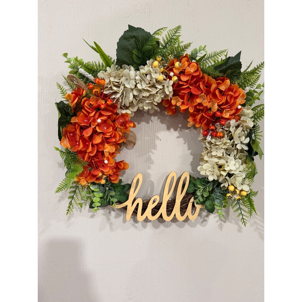 Qunwreath Hello Front Door Wreath Orange Hydrangea Autumn Harvest Decor 16in